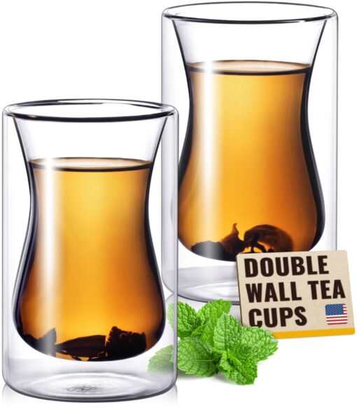 Eparé Turkish Clear Glass Tea Cups - Set of 2 Double Wall Clear Glass Coffee Mug - 6 oz Insulated Walled Transparent Glasses for Cafe Latte Espresso or Cappuccino Hot Beverages