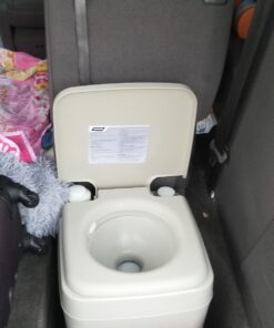 Camco 5.3-Gallon Portable Travel Toilet | Features Detachable Holding Tank w/Sealing Slide Valve & Bellow-Type Flush | Easy Transport w/Compact Lightweight Design & Carry Handle | Gray (41541) 5.3 Gallon 46 81X8SNtRWsL