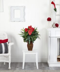 Nearly Natural 6678 Mixed Greens and Anthurium with Vase Decorative Silk Plant, Green 24 81XBFcvQOBL