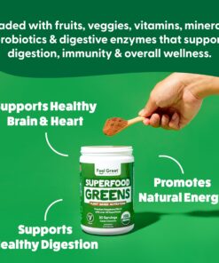 Organic Superfood Greens Powder - Cocoa Chocolate | Super Greens Fruit & Vegetable Supplement | Over 20 Greens, Fruits & Veggies, Fiber, Probiotics & Digestive Enzymes | 30 servings Superfood Cacao Greens Powder 19 81XCRQgQr5L