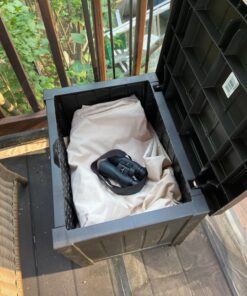 Suncast 22-Gallon Small Deck Box - Lightweight Resin Indoor/Outdoor Storage Container and Seat for Patio Cushions, Gardening Tools and Toys - Store Items on Patio, Garage, Yard - Mocha Wicker Mocha Wicher 48 81XFs1sUnyL