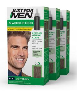 Just For Men Shampoo-In Color (Formerly Original Formula), Mens Hair Color with Keratin and Vitamin E for Stronger Hair - Light Brown, H-25, Pack of 3 1 Count (Pack of 3) Light Brown H-25