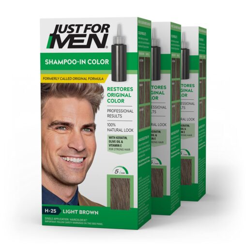 Just For Men Shampoo-In Color (Formerly Original Formula), Mens Hair Color with Keratin and Vitamin E for Stronger Hair - Light Brown, H-25, Pack of 3 1 Count (Pack of 3) Light Brown H-25