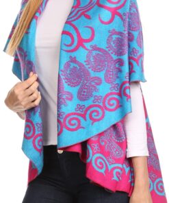 Sakkas Balie Reversable Printed Mid Weight Warm Poncho Throw Shawl/Cardigan One Size Turq / Rose 8 81XIFRCIx6L