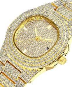 Alternative view of FANMIS Luxury Unisex Bling Iced Out Gold Watch Fashion Simulated Diamonds Analog Display Calendar Japanese Quartz Watch