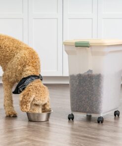 IRIS USA 55 Lbs / 67 Qt WeatherPro Airtight Pet Food Storage Container with Attachable Casters, For Dog Cat Bird and Other Pet Food Storage Bin, Keep Pests Out, Translucent Body, Almond/Clear Clear/Almond 30 81XNt4uBKL 1