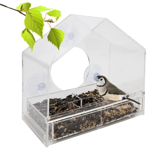 Large Clear Window Bird Feeder - Three Section Removable Multi-Purpose Slide Tray with Breathe Holes. Best See Wild Birds Up Close!