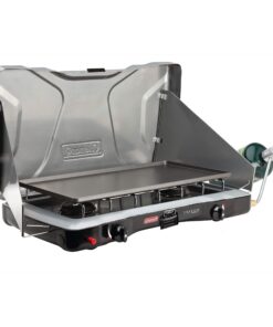 Coleman Triton+ 2-Burner Propane Camping Stove, Push-Button Instant Ignition, Portable Camp Grill, Adjustable Burners, Wind Guards, 22,000 Total BTUs of Power, Beach Cookouts, Backyard BBQ, Tailgating Silver 40 81XVZUOqwSL
