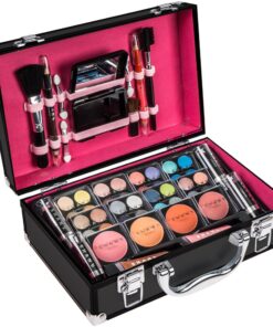 SHANY Carry All Makeup Train Case with Pro Makeup Set, Makeup Brushes, Lipsticks, Eye Shadows, Blushes, Powders, and more - Reusable Makeup Storage - Premium Gift Packaging - Silver 29 81XVizBrUcL