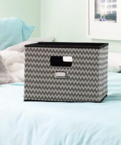 Household Essentials Deluxe Fabric Storage Bin with Handles, Reinforced Chipboard Frame, Patterned Cotton Fabric, PP Non-Woven Liner, Foldable, Fashionable and Functional, Black Chevron Single Unit 5 81XX0S2XOoL