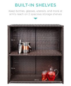 Best Choice Products 3-Piece All-Weather Wicker Bar Table Set for Indoor Outdoor, Kitchen, Patio, Backyard w/ 2 Stools, Glass Tabletop, Storage Shelves - Brown 23 81XXGyDDlQL