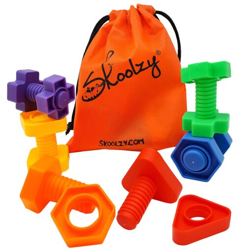 Skoolzy Nuts and Bolts 12 Piece Toy Building Block Set Sensory Occupational Therapy STEM for 18+ Months Toddler Toys & Kids, Includes eBook Travel 12 Piece