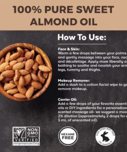 Viva Naturals Sweet Almond Oil - 100% Pure Hair and Skin Softener, Non-Greasy for Massage, Carrier Oil for Essential Oils and DIY Beauty Blends, Expeller-Pressed Almond Oil for Body, Non-GMO, 16 fl oz 16 Fl Oz (Pack of 1) 32 81Y7r1Isw9L