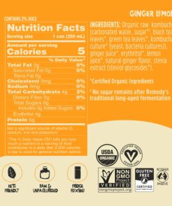 Remedy Kombucha Tea Organic Drink - Sugar Free, Keto, Vegan, Non-GMO, Gluten Free & Low Calorie - Sparkling Live Beverage w/ Gut Health & Probiotic Like Benefits - Ginger Lemon - 8.5 Fl Oz Can, 24-Pack 8.5 Fl Oz (Pack of 24) 20 81Y9M2wLu6L