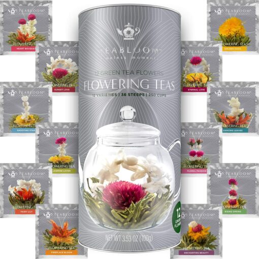 Teabloom Flowering Tea - 12 Unique Varieties of Fresh Blooming Tea Flowers - Hand-Tied Natural Green Tea Leaves & Edible Flowers - 12-Pack Gift Canister - 36 Steeps, Makes 250 Cups 12 Count (Pack of 1)