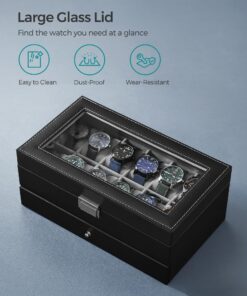SONGMICS 12-Slot Watch Box, Lockable Watch Case with Glass Lid, 2 Layers, with 1 Drawer for Rings, Bracelets, Gift Idea, Black Synthetic Leather, Gray Lining UJWB012 Black + Gray 12 Slot 28 81YfK3DQXwL