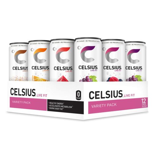 CELSIUS Fitness Drink Carbonated 5-Flavor Variety Pack, Zero Sugar, 12oz. Slim Can, 12 Pack 12 Fl Oz (Pack of 12)