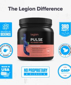 LEGION Pulse Pre Workout Supplement - All Natural Nitric Oxide Preworkout Drink to Boost Energy, Creatine Free, Naturally Sweetened, Beta Alanine, Citrulline, Alpha GPC (Blue Raspberry) Blue Raspberry 21 81YtVZzqrL