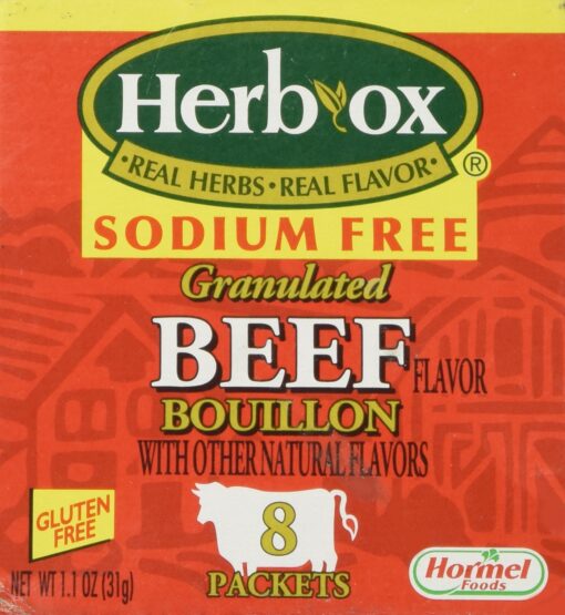 Herb-Ox Bouillon Packets Beef Instant Broth & Seasoning Sodium Free 1.1 oz Box (Gluten Free) 1.1 Ounce (Pack of 1)