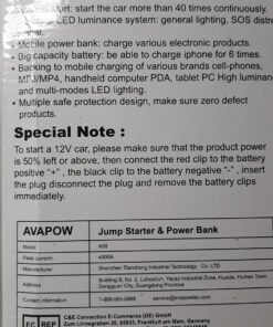 AVAPOW Car Jump Starter, 4000A Peak Battery (for All Gas or Up to 10L Diesel), Portable Booster Power Pack, 12V Auto Jump Box with LED Light, USB Quick Charge 3.0 65 81Yx9nx29SL
