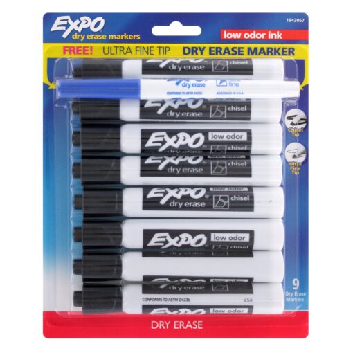 EXPO Black Dry Erase Markers, 8 Count Pack, Chisel Tip (Low-Odor)