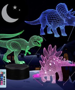 VSATEN 3D Dinosaur Night Light for Kids, 3D Illusion Lamp 3-Pattern & 16 Colors Change Decor Lamp with Remote Control & Smart Touch, Dinosaur Toys for 2 3 4 5 6+ Years Old Multicolor