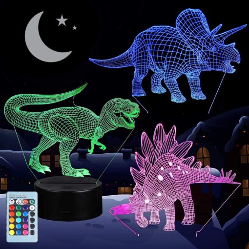 VSATEN 3D Dinosaur Night Light for Kids, 3D Illusion Lamp 3-Pattern & 16 Colors Change Decor Lamp with Remote Control & Smart Touch, Dinosaur Toys for 2 3 4 5 6+ Years Old Multicolor
