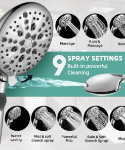 Alternative view of Cobbe High Pressure 9 Functions Shower Head with handheld - Luxury Modern Chrome Look, Built-in Power Spray to Clean Corner, Tub and Pets, Stainless Steel Hose Adjustable Bracket, Chrome ‎‎1. Premium Chrome