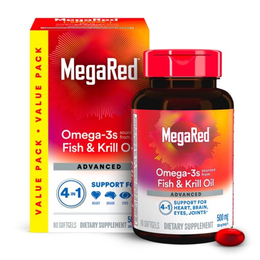 Megared Omega 3 Fish Oil & Antarctic Krill Oil Softgels for Brain, Heart, Joints & Eye Support, (80 Count Bottle), Concentrated Omega 3 Fatty Acid Supplement with EPA, DHA, Phospholipids 500mg 80ct