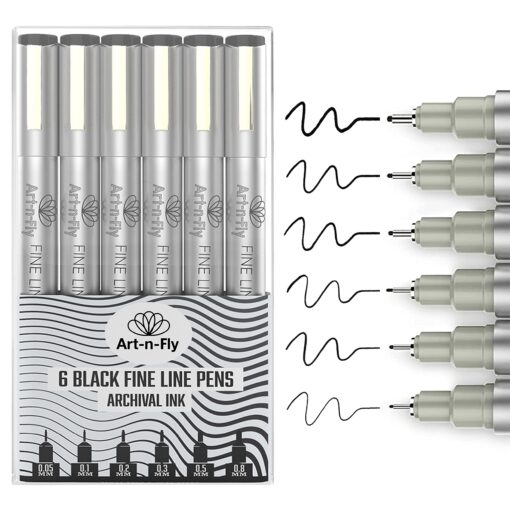 Art-n-Fly Black Fine Point Pens (Set of 6) | Drawing Fineliner Ink Pens with Japanese Archival Ink | Black Pens with Various Size Tip | No Bleed & Quick-Dry Fine Point Pen for Drawing & Sketching 6 Pack