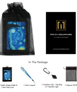 Vincent Van Gogh The Starry Night Print Lanyard with PU Leather ID Badge Holder Wallet with 3 Card Pockets, Safety Breakaway Clip & Matching Note Card. Gift of Carabiner Keychain Flashlight. Breakaway + Keychain Light 29 81ZcpHYReL