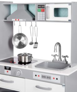 Amazon Basics Kids Upright Wooden Kitchen Toy Playset with Stove, Oven, Sink, Fridge and Accessories, for Toddlers, Preschoolers, Children Age 3+ Years, White & Gray, 39"L x 11.8"W x 39'H' Upright Kitchen 23 81ZgFLEJLoL 1