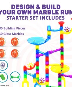 Marble Genius Marble Run (130 Complete Pieces) Maze Track or Board Games for Kids 8-12, for Adults, Teens, and Toddlers, (80 Translucent Marbulous Pieces + 50 Glass-Marble Set), Starter Set 2.) Starter Set - 130 Complete Pieces 20 81ZyCpoOcTL