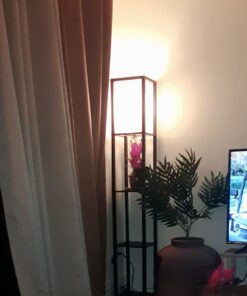 Floor Lamp with Shelves - Room Light by LIGHTACCENTS - Corner Storage Standing Bookshelf Lamp - Bedroom Light with Wooden Storage Shelves and White Cotton Linen Shade (Black) Black 36 81ZzfuT0xNL