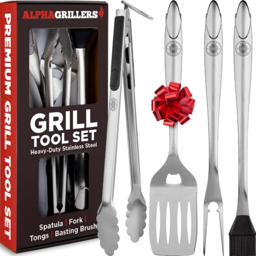 Alpha Grillers Grill Set Heavy Duty BBQ Accessories - BBQ Gifts Tool Set 4pc Grill Accessories with Spatula, Fork, Brush & BBQ Tongs - Grilling Cooking Gifts for Men Dad Durable, Stainless Steel Grill Tool Set