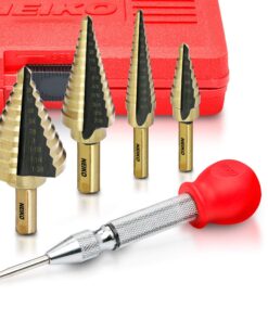 NEIKO 10169A Step Drill Bit Set and Automatic Center Punch | 5 Piece, 41 SAE Sizes Total, 1/8” – 1-3/8” | Titanium High Speed Steel Unibit, Stepper Cone Drill Bit | Two Flute Step Down Bits Straight Tri-Flat Shank 1/8 to 1-3/8", 4 bits 19 81aCMKQtlL