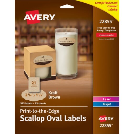 Avery Scallop Oval Labels for Laser & Inkjet Printers, 2-1/4" x 1-1/8", 525 Kraft Brown Labels (22855)