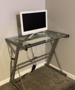 Walker Edison Metal and Glass Work From Home Laptop Computer Gaming Desk with Slide In Keyboard Tray Home Office, 31 Inch, Silver Single Desk Stanford 44 81aV4YgC1XL