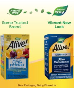 Nature's Way Alive! Men’s 50+ Daily Ultra Multivitamin, High Potency Formula, Supports Healthy Brain, Eyes & Heart*, Gluten-Free, 60 Tablets (Packaging May Vary) 19 81acLejBW0L 1