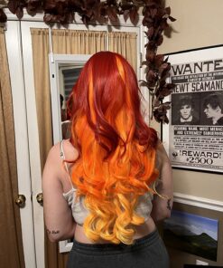 MQ Women Orange Yellow Wigs, Long Curly Wavy Wig for Girls 29.5 Inch Colorful Wigs Cosplay Costume Party Fluffy Wig Synthetic Charming Heat Friendly Ombre Wigs (Yellow to Orange to Red) 48 81atImCQbL