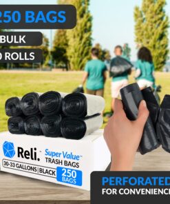 Reli. 30-33 Gallon Trash Bags Heavy Duty | 250 Bags Bulk | Black Large Trash Bags 30+, 32 Gallon | Made in USA 33 Gallon | 250 Count (Bulk Value) 14 81b jbi4NyL