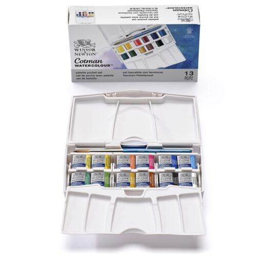 Winsor & Newton Cotman Watercolor Paint Set, Palette Pocket Set, 12 Half Pans w/ Brush 12 Half Pan Palette Pocket Set