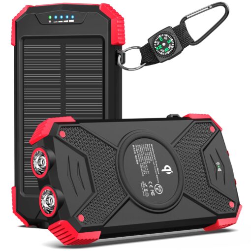 BLAVOR Solar Charger Power Bank, Qi Wireless Charger 10,000mAh External Battery Pack Type C Input Output Dual Super Bright Flashlight, Compass Carabiner, Solar Panel Charging (Red) red