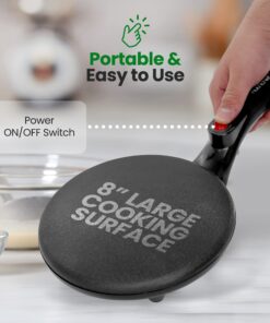 Crepe Maker - Cooks Crepes Bacon, Roti, Tortillas & Pancakes - Nonstick Cooktop - 8-inch Cook Area with On/Off Switch, Automatic Temperature Control & Cool-Touch Handle - Includes Whisk & Spatula 21 81bPHeFJo9L