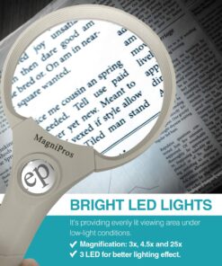 MagniPros 3 Ultra Bright LED Lights 3X 4.5X 25X Power Handheld Reading Magnifying Glass with Light- Ideal for Reading Small Prints, Map, Coins, Inspection and Jewelry Loupe… 20 81bshgBa6rL