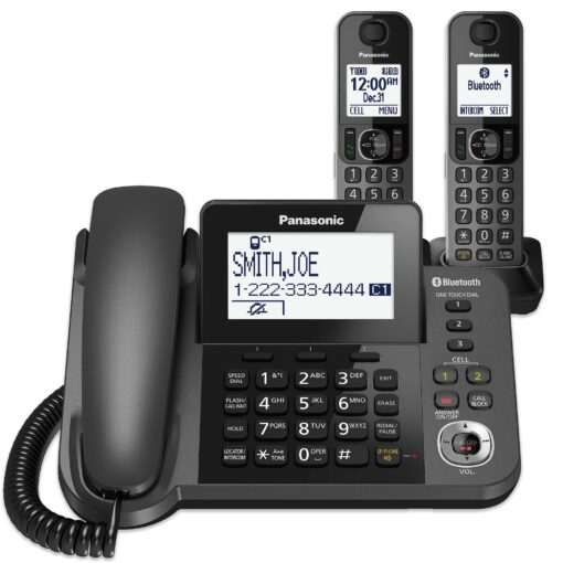 PANASONIC Bluetooth Corded / Cordless Phone System with Answering Machine, Enhanced Noise Reduction and One-Touch Call Block - 2 Handsets - KX-TGF382M (Metallic Black) Corded/Cordless + Link2Cell