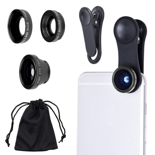 Universal 3 in 1 Cell Phone Camera Lens Kit for Smartphones Including - Fish Eye Lens / 2 in 1 Macro Lens & Wide Angle Lens/Universal Clip/Carry Pouch/Microfiber Cleaning Cloth Black