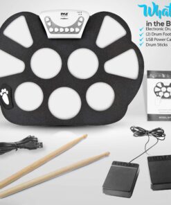 Pyle Compact & Ultra-Thin Portable Machine w/ 9 Electronic Pads, Foot Pedals, Drumsticks, & Power Supply Tabletop Roll Loaded W/Drum Electric Kits & Songs, Headphone Jack 13 81cUhZ9D6EL