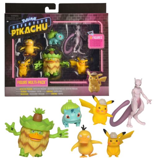 Pokémon Detective Pikachu Battle Figure 6Pc Multipack - Comes with Two 2" Pikachu, 2" Psyduck, 2" Bulbasour, 3" Mewtwo & 3" Ludicolo