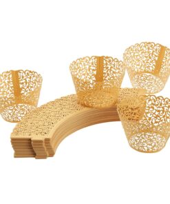 SUYEPER 100pcs Cupcake Wrappers Artistic Bake Cake Paper Cups Little Vine Lace Laser Cut Liner Baking Cup Muffin Case Trays for Wedding Party Birthday Decoration (Gold) Gold 25 81cd WGM9pL